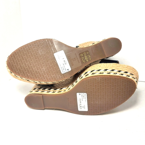 NWT SCHUTZ Black Leather Espadrille Wedges with Stripe Rope Piping - Picture 10 of 12